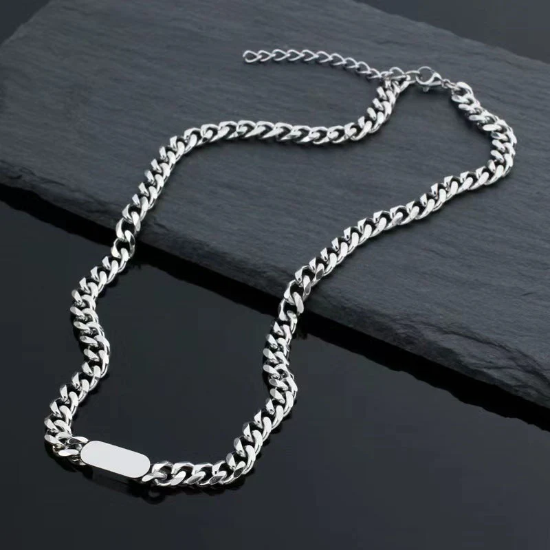 Cuban Chain Tag Necklace | White Gold