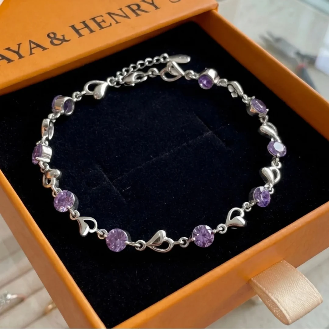 Heart Charm Amethyst Bracelet | White Gold